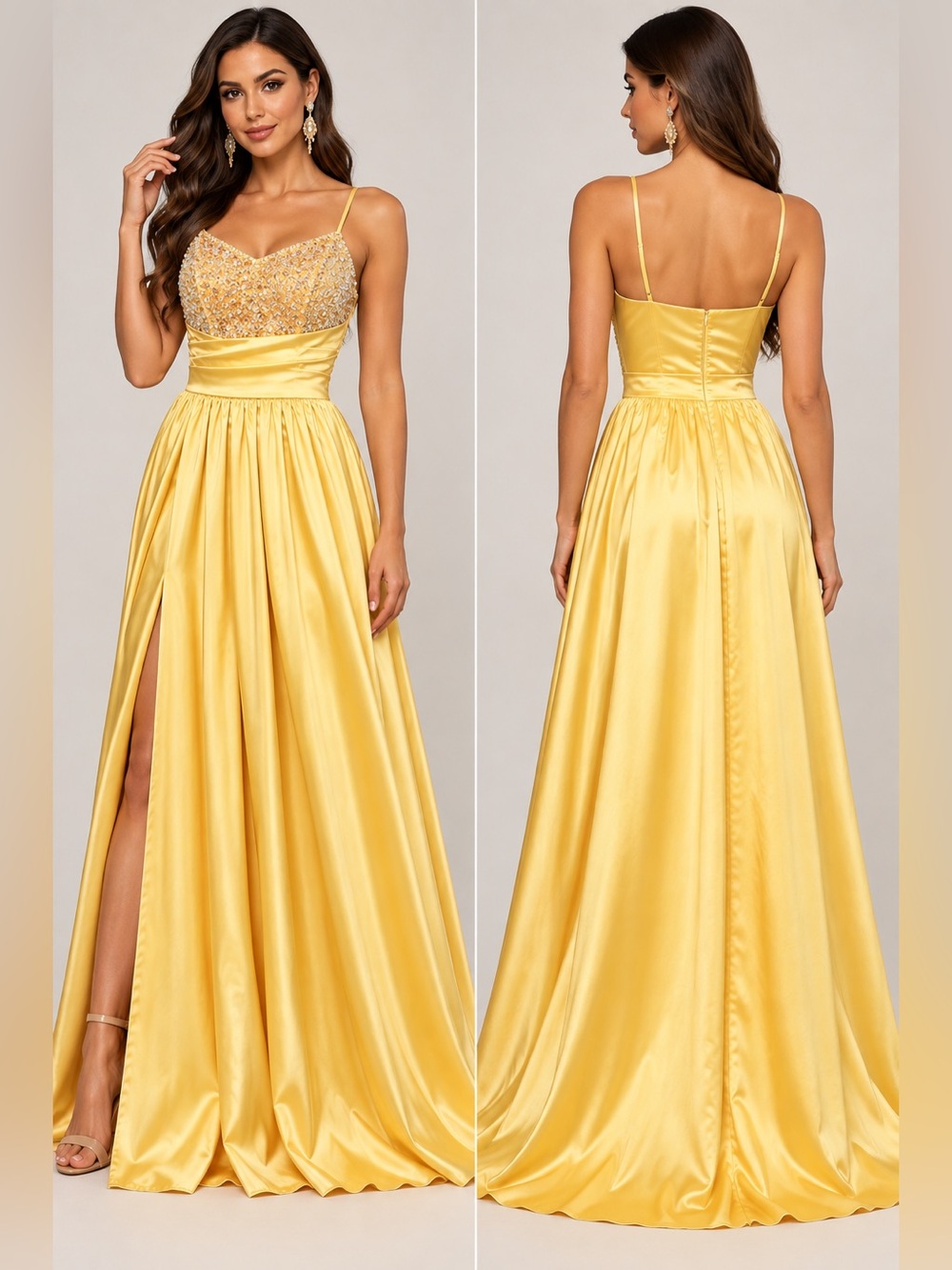 Missord Gold Yellow Sequin Beaded Satin Prom Formal Maxi Gown S NWT